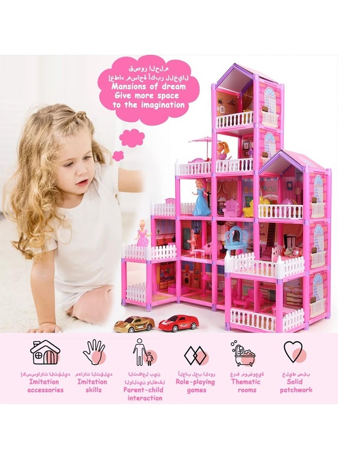 Beauenty Doll House Building Toy Play Dream Furniture Dollhouse Playset, Toddler Playhouse DIY Building Pink Dreamhouse Gift for Girls 4-10 with Light Strip 4 Dolls 2 Princess Pretend Play Toy 278PCS - Image 2